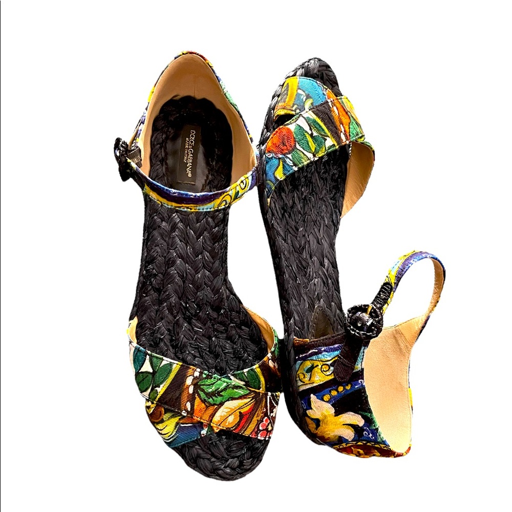 Dolce & Gabbana Maiolica multi color canvas espadrille ankle strap sandals.